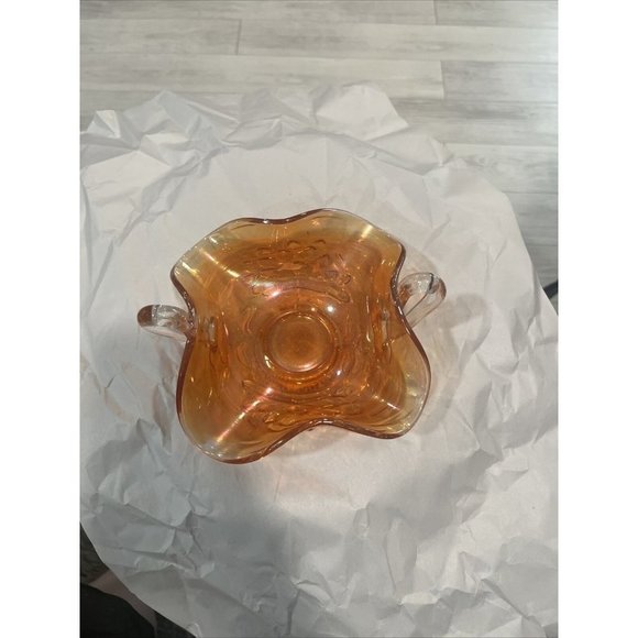 Vintage Orange Carnival Glass Candy Dish with 2 Handles Flower Lotus Water Lilly - Picture 4 of 6